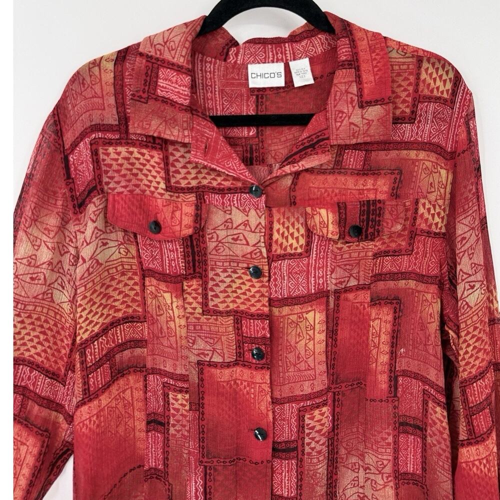 Chicos 3 Silk Crepe Button Up Top XL Red Patchwork Print Long Sleeve Artsy - Picture 2 of 11